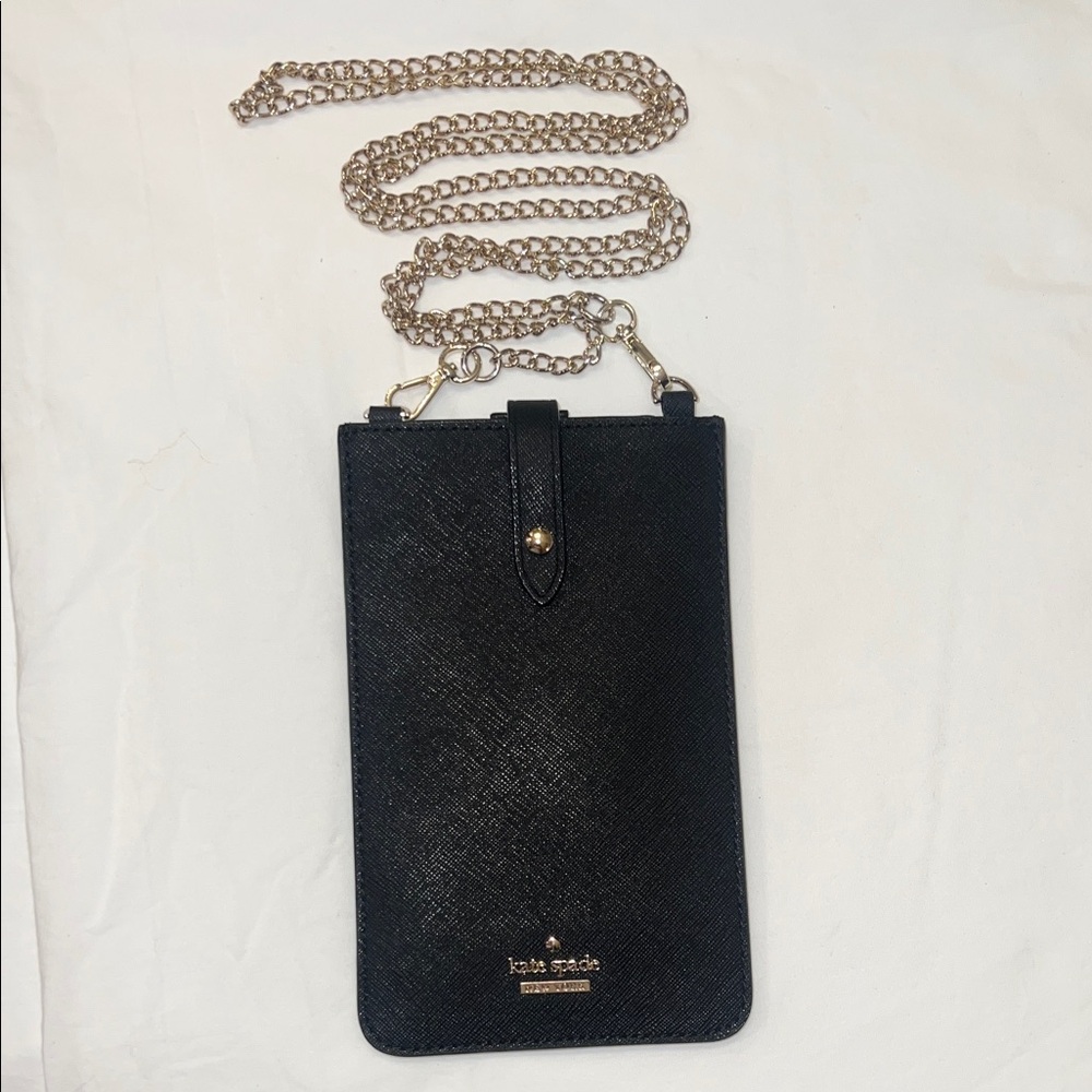 kate spade black textured leather phone crossbody with gold logo